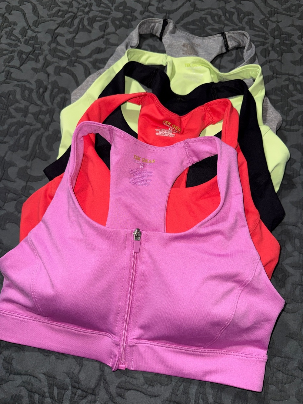 Tek Gear workout gear sports bras set of 5 activewear front zip size medium